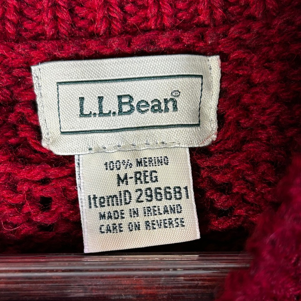 LL Bean Womens Merino Wool Cable Knit Cardigan Sweater Burgundy Red Ireland M - Picture 3 of 9